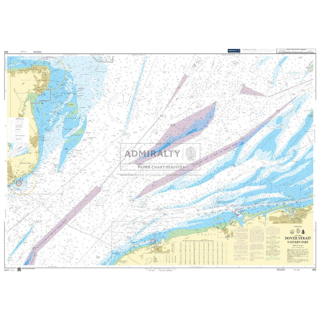 Admiralty Chart 323: Dover Strait Eastern Part displays shipping routes, depth contours, and geographical features. It includes detailed sections of the English Channel with hazards, buoys, and navigational aids for precise harbour navigation by Admiralty.