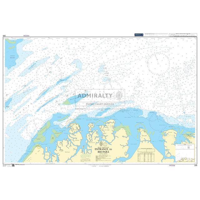 Admiralty Chart 329: Entrance to Rio Para by Admiralty details water depths, shipping lanes, islands, coastal outlines, sandbanks, and navigation notes for mariners at the entrance to Rio Pará, Brazil.