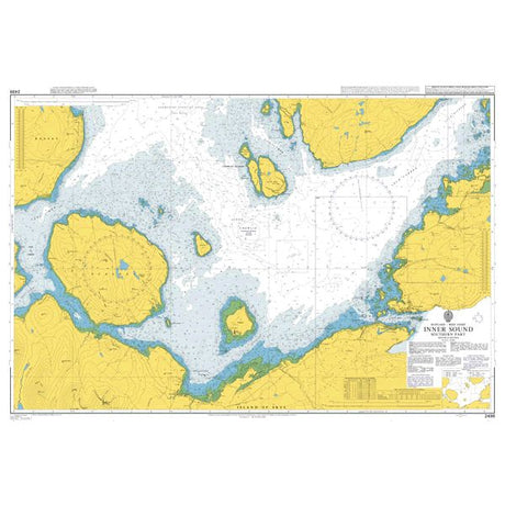 Product image of Admiralty Chart 2498 | Inner Sound Southern Part, featuring navigational markings, depth soundings, and coastal features, essential for safe marine navigation. It could be displayed as an art piece or used for navigation on a boat or ship.