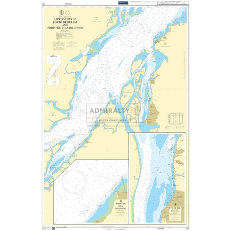 Admiralty Chart 331: Approaches to Porto de Belem and Porto de Vila do Conde by Admiralty details water depths, navigation markers, islands, channels, and includes two inset maps of the ports. An official UKHO paper nautical chart.