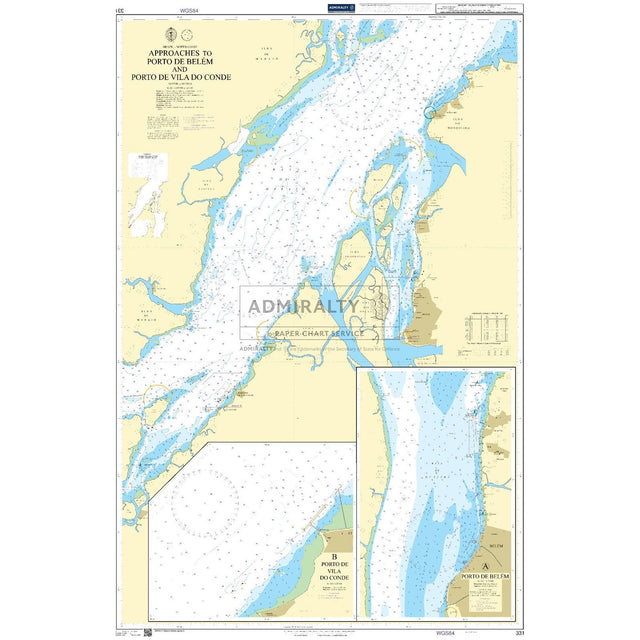 Admiralty Chart 331: Approaches to Porto de Belem and Porto de Vila do Conde by Admiralty details water depths, navigation markers, islands, channels, and includes two inset maps of the ports. An official UKHO paper nautical chart.