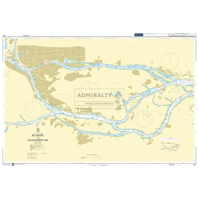 Admiralty Chart 347: Huangpu to Guangzhou Shi by Admiralty shows water routes, depths, coastal features, navigation aids, and land areas in blue, tan, and white along the Huangpu River in Guangzhou Shi, China.