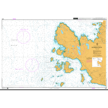 Product image of Admiralty Chart 2501 | Summer Isles, featuring navigational markings, depth soundings, and coastal features, essential for safe marine navigation. It could be displayed as an art piece or used for navigation on a boat or ship.