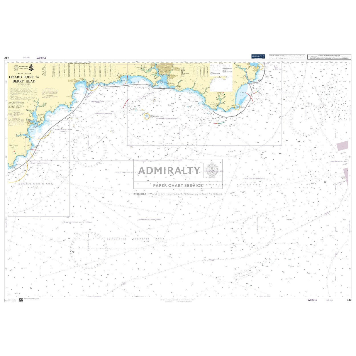 Admiralty Chart 442: Lizard Point to Berry Head offers coastal details, commercial shipping routes, and navigational markers in the English Channel, essential for harbor navigation.