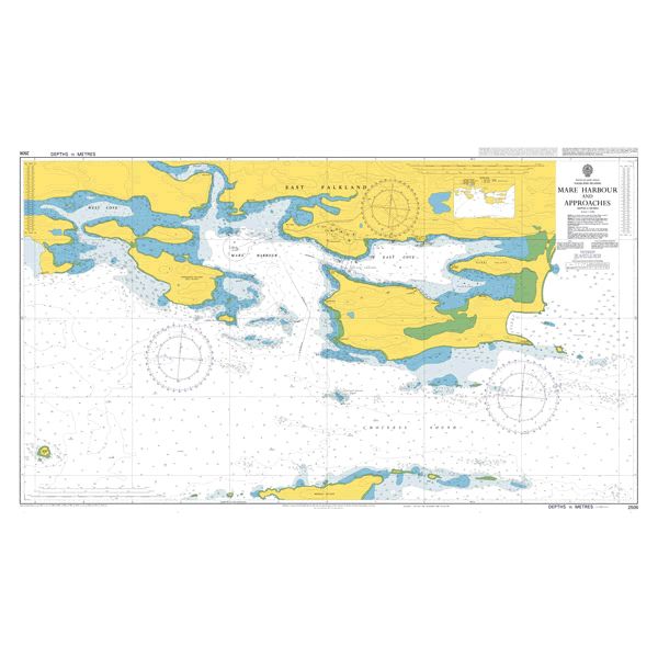 Product image of Admiralty Chart 2506 | Mare Harbour and Approaches, featuring navigational markings, depth soundings, and coastal features, essential for safe marine navigation. It could be displayed as an art piece or used for navigation on a boat or ship.