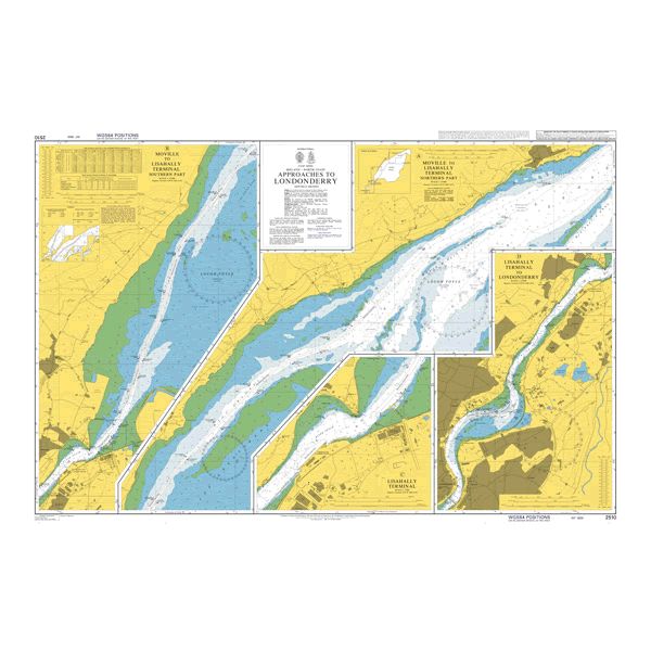 Product image of Admiralty Chart 2510 | Approaches to Londonderry, featuring navigational markings, depth soundings, and coastal features, essential for safe marine navigation. It could be displayed as an art piece or used for navigation on a boat or ship.