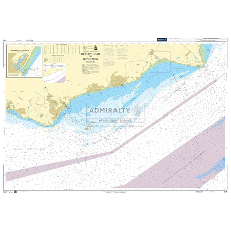 The Admiralty Chart 536: Beachy Head to Dungeness details the Sussex coast's landforms, sea depths, and navigation aids. Mostly beige and blue, it features annotations and coordinates suitable for commercial shipping.