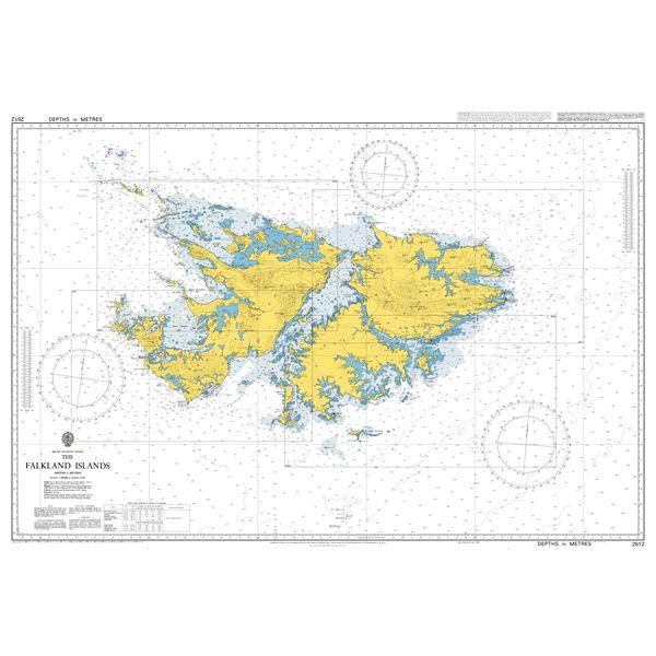 Product image of Admiralty Chart 2512 | The Falkland Islands, featuring navigational markings, depth soundings, and coastal features, essential for safe marine navigation. It could be displayed as an art piece or used for navigation on a boat or ship.