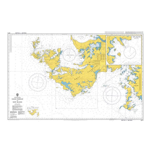 Product image of Admiralty Chart 2513 | Eagle Passage to New Island, featuring navigational markings, depth soundings, and coastal features, essential for safe marine navigation. It could be displayed as an art piece or used for navigation on a boat or ship.