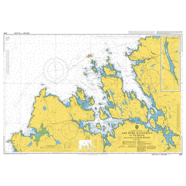 Product image of Admiralty Chart 2515 | Ard More Mangersta to Tiumpan including Loch Roag, featuring navigational markings, depth soundings, and coastal features, essential for safe marine navigation. It could be displayed as an art piece or used for navigation on a boat or ship.