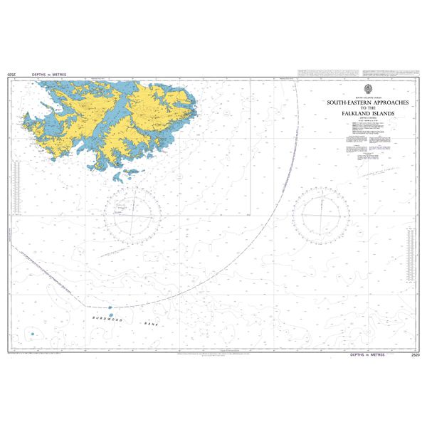 Product image of Admiralty Chart 2520 | South-Eastern Approaches to the Falkland Islands, featuring navigational markings, depth soundings, and coastal features, essential for safe marine navigation. It could be displayed as an art piece or used for navigation on a boat or ship.