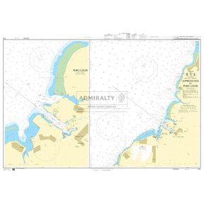 Admiralty Chart 710: Approaches to Port Louis by Admiralty displays UKHO chart standards, with coastal outlines, depths, navigation symbols, landmarks, maps, legends, and compass roses for vessels entering Port Louis.
