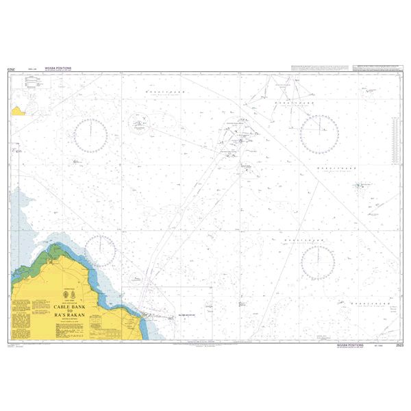 Product image of Admiralty Chart 2523 | Cable Bank to Ra's Rakan, featuring navigational markings, depth soundings, and coastal features, essential for safe marine navigation. It could be displayed as an art piece or used for navigation on a boat or ship.