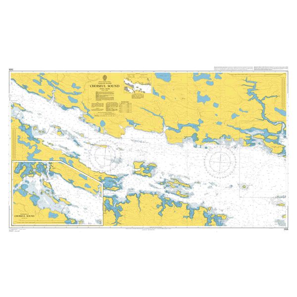 Product image of Admiralty Chart 2525 | Choiseul Sound, featuring navigational markings, depth soundings, and coastal features, essential for safe marine navigation. It could be displayed as an art piece or used for navigation on a boat or ship.