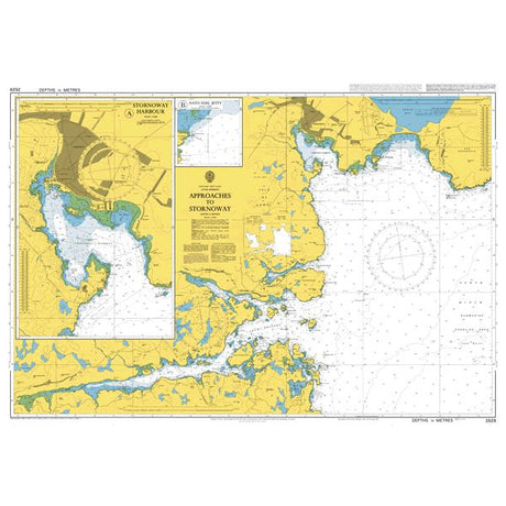 Product image of Admiralty Chart 2529 | Approaches to Stornoway, featuring navigational markings, depth soundings, and coastal features, essential for safe marine navigation. It could be displayed as an art piece or used for navigation on a boat or ship.