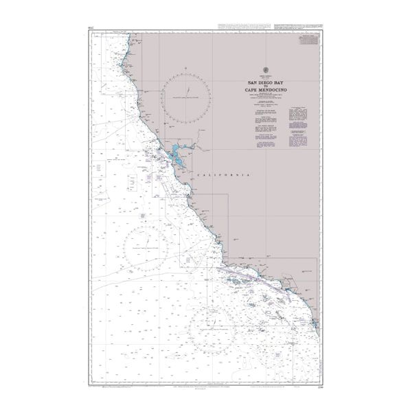 Product image of Admiralty Chart 2530 | San Diego Bay to Cape Mendocino, featuring navigational markings, depth soundings, and coastal features, essential for safe marine navigation. It could be displayed as an art piece or used for navigation on a boat or ship.