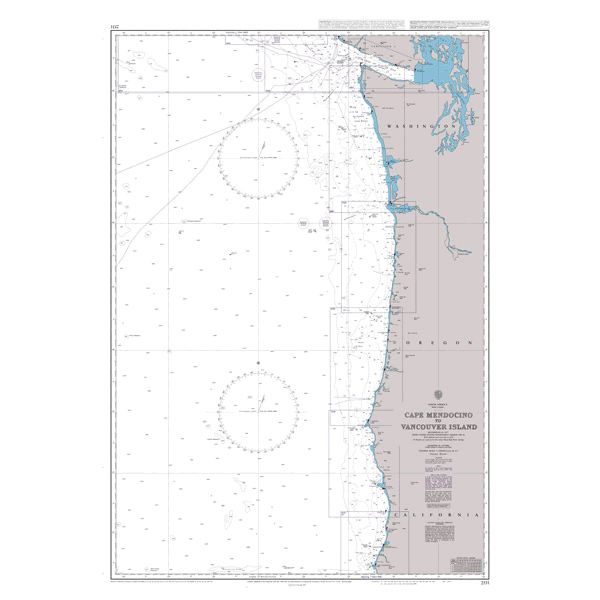 Product image of Admiralty Chart 2531 | Cape Mendocino to Vancouver Island, featuring navigational markings, depth soundings, and coastal features, essential for safe marine navigation. It could be displayed as an art piece or used for navigation on a boat or ship.