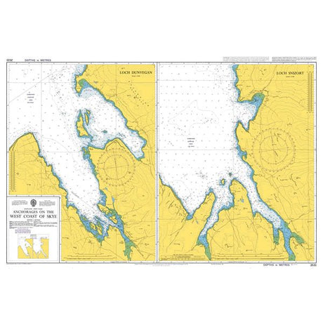 Product image of Admiralty Chart 2533 | Anchorages on the West Coast of Skye, featuring navigational markings, depth soundings, and coastal features, essential for safe marine navigation. It could be displayed as an art piece or used for navigation on a boat or ship.