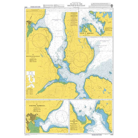 Product image of Admiralty Chart 2534 | Plans in the Sound of Raasay, featuring navigational markings, depth soundings, and coastal features, essential for safe marine navigation. It could be displayed as an art piece or used for navigation on a boat or ship.