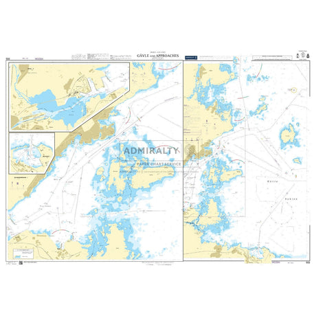 Admiralty Chart 956: Gavle and Approaches by Admiralty displays water depths, coastlines, islands, navigational markers, and shipping routes in two main sections with an inset map in the upper left corner.