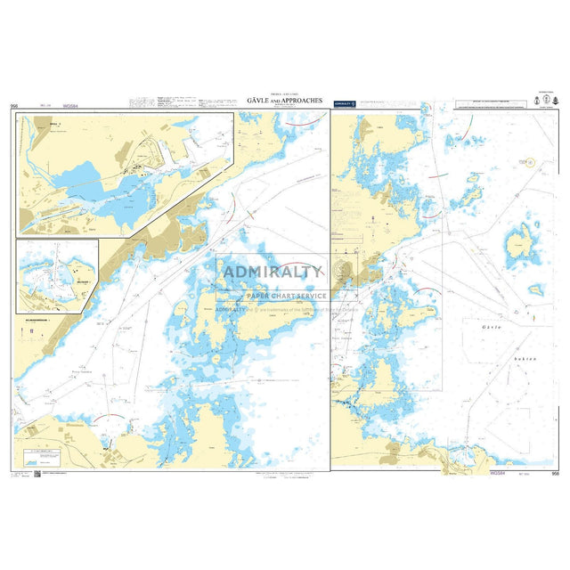 Admiralty Chart 956: Gavle and Approaches by Admiralty displays water depths, coastlines, islands, navigational markers, and shipping routes in two main sections with an inset map in the upper left corner.