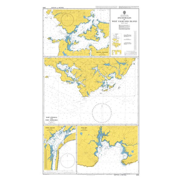 Product image of Admiralty Chart 2543 | Anchorages in West Falkland Island, featuring navigational markings, depth soundings, and coastal features, essential for safe marine navigation. It could be displayed as an art piece or used for navigation on a boat or ship.