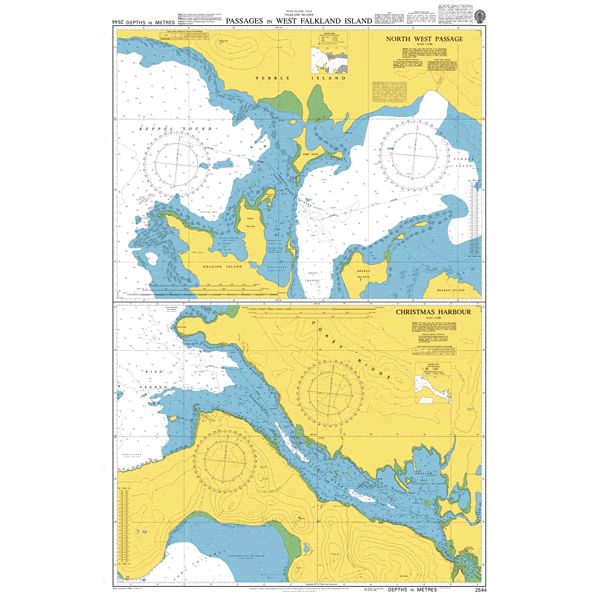 Product image of Admiralty Chart 2544 | Passages in West Falkland Island, featuring navigational markings, depth soundings, and coastal features, essential for safe marine navigation. It could be displayed as an art piece or used for navigation on a boat or ship.