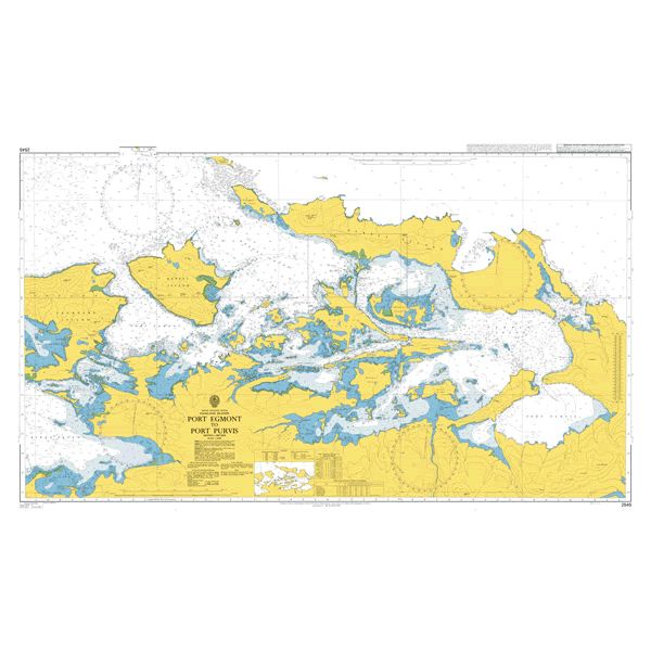 Product image of Admiralty Chart 2545 | Port Egmont to Port Purvis, featuring navigational markings, depth soundings, and coastal features, essential for safe marine navigation. It could be displayed as an art piece or used for navigation on a boat or ship.