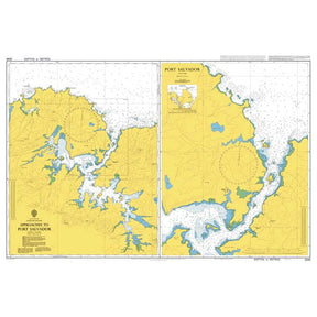 Product image of Admiralty Chart 2546 | Approaches to Port Salvador, featuring navigational markings, depth soundings, and coastal features, essential for safe marine navigation. It could be displayed as an art piece or used for navigation on a boat or ship.