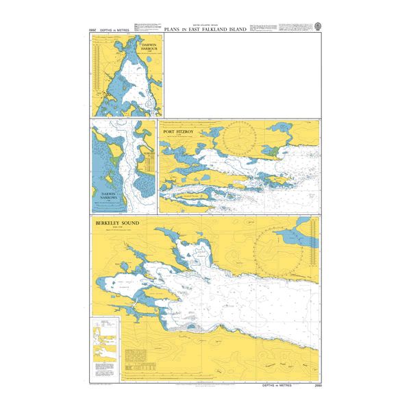 Product image of Admiralty Chart 2550 | Plans in East Falkland Island, featuring navigational markings, depth soundings, and coastal features, essential for safe marine navigation. It could be displayed as an art piece or used for navigation on a boat or ship.