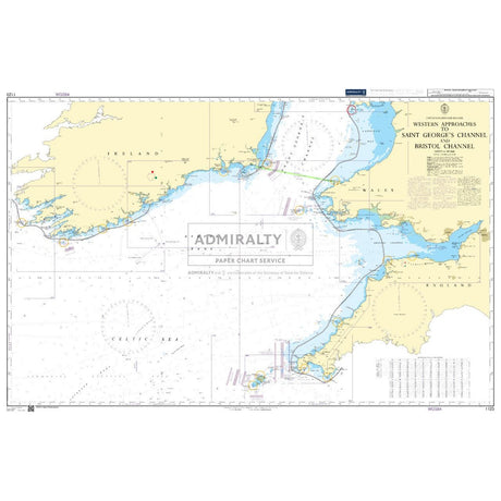 Admiralty Chart 1123 by Admiralty details the western approaches to Saint George's Channel and Bristol Channel, covering Ireland, Wales, and England. It includes depth markers, coastal outlines, navigational routes and aligns with ADMIRALTY standards for safe commercial shipping passage.