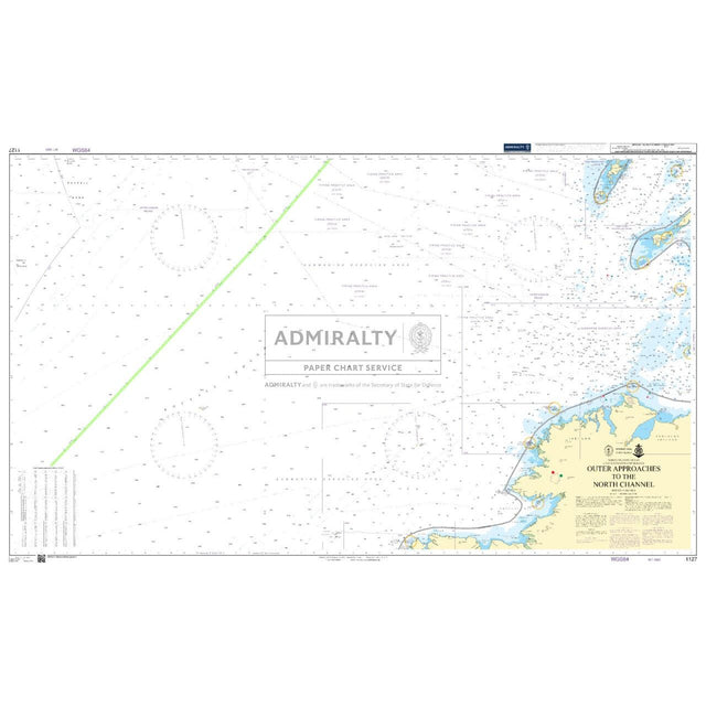 The Admiralty Chart 1127: Outer Approaches to the North Channel delivers navigation details with depth markings, commercial shipping routes, coastal outlines, and regulatory information under the Admiralty branding.