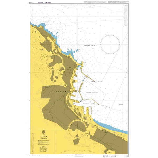 Product image of Admiralty Chart 2555 | Alger, featuring navigational markings, depth soundings, and coastal features, essential for safe marine navigation. It could be displayed as an art piece or used for navigation on a boat or ship.