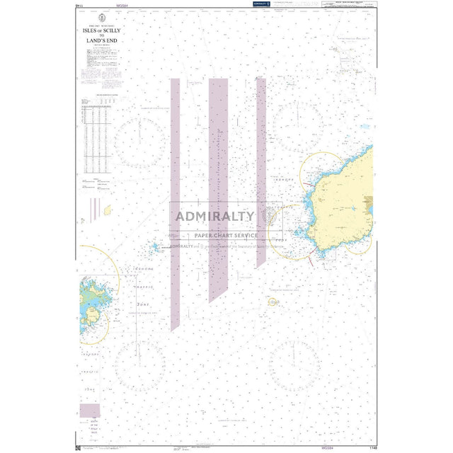 The Admiralty Chart 1148: Isles of Scilly to Land's End by Admiralty showcases navigation routes, depth markings, and coastal details. It includes detailed notes and coordinates, highlighting key areas for commercial shipping.