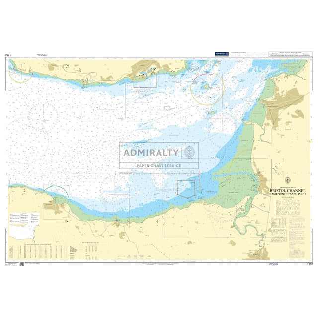 Admiralty Chart 1152: Bristol Channel Nash Point to Sand Point by Admiralty includes depths, navigation aids, and coastal features. It meets SOLAS regulations with safety notices and routes, showing land outlines and varying water depths.