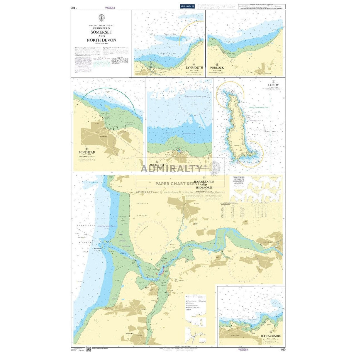 The Admiralty Chart 1160: Harbours in Somerset and North Devon ensures safe navigation with coastal highlights, sea depths, and shipping routes. It includes insets of Lynmouth, Porlock, and Ilfracombe, offering detailed topography consistent with ADMIRALTY Standard Nautical Charts for precise marine insights.