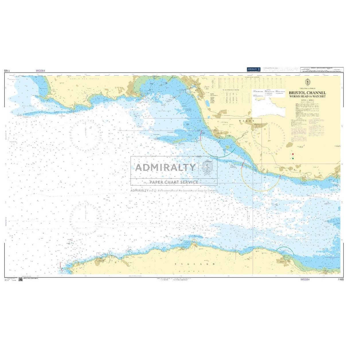 The Admiralty Chart 1165 for Bristol Channel, from Worms Head to Watchet, ensures SOLAS compliance, detailing coastal features, water depths, and navigational aids. It includes a compass rose and maritime symbols for safe navigation.