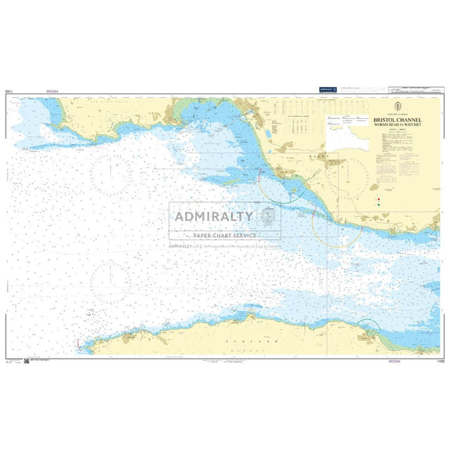 The Admiralty Chart 1165 for Bristol Channel, from Worms Head to Watchet, ensures SOLAS compliance, detailing coastal features, water depths, and navigational aids. It includes a compass rose and maritime symbols for safe navigation.