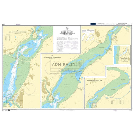 The Admiralty Chart 1166: River Severn Avonmouth to Sharpness and Hock Cliff by Admiralty details the division near Aust and Sharpness Dock, providing depth contours, navigation markers, and insets of critical areas with commercial shipping routes clearly marked at the center.