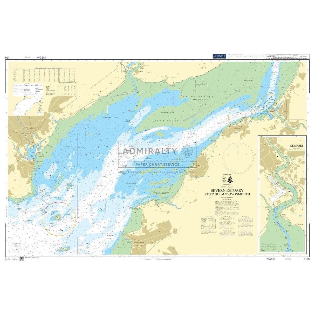 Admiralty Chart 1176: Severn Estuary Steep Holm to Avonmouth provides depths, navigational aids, and coastal details for safe navigation. It includes an inset map, complies with SOLAS regulations, and features ADMIRALTY Standard Nautical Charts along with scale information.