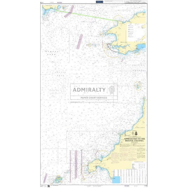 Admiralty Chart 1178: Approaches to the Bristol Channel by Admiralty details coastal areas, depth contours, and navigational aids. Essential for safe navigation, it highlights commercial shipping routes and includes maps of nearby islands and harbor details.