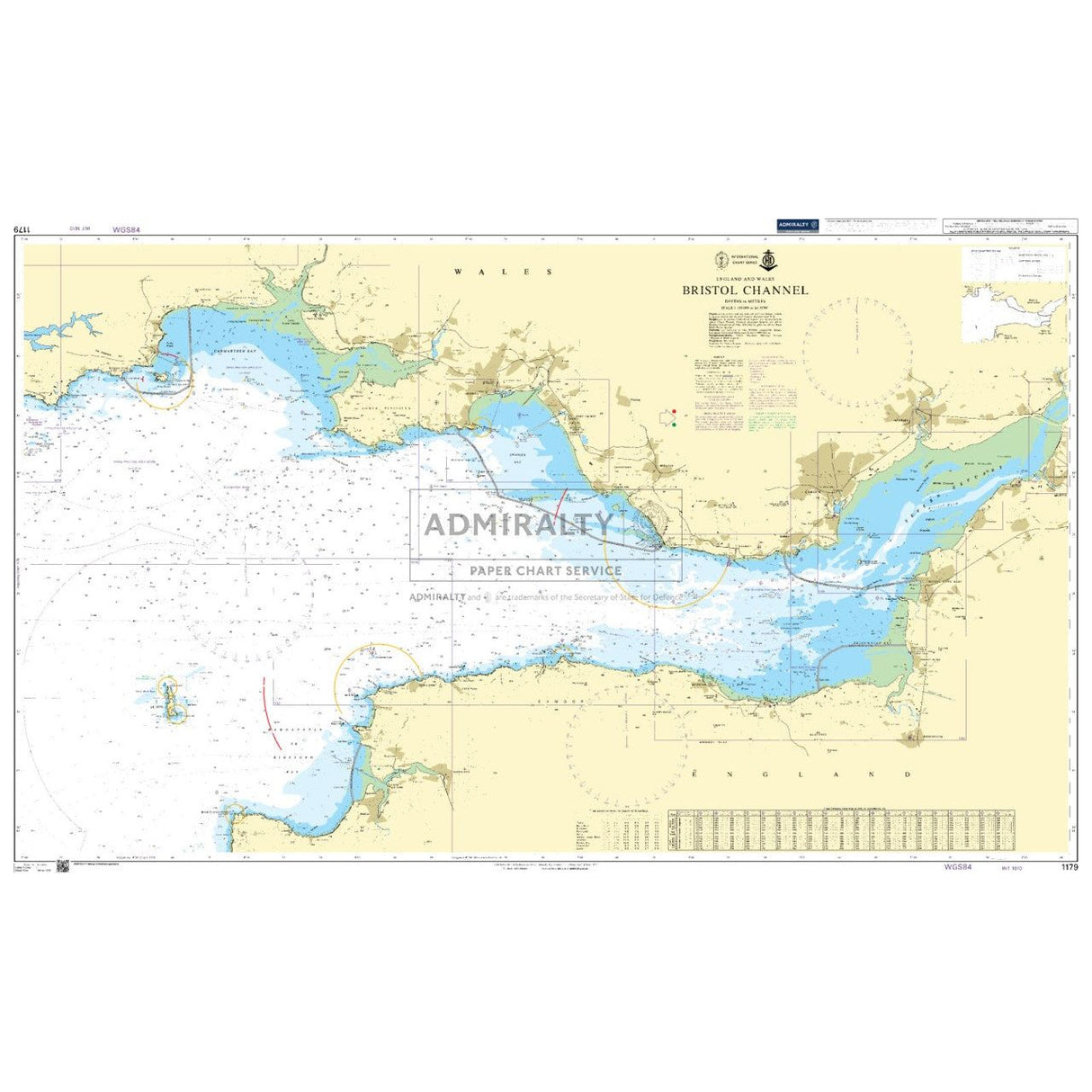 Explore Admiralty Chart 1179: Bristol Channel by Admiralty, providing detailed coverage of navigation routes, coastal areas in Wales and England, depth markings, nautical symbols, admiralty information, and a maritime traffic key.