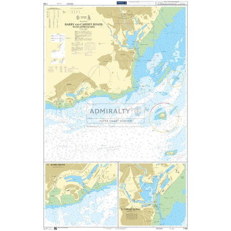 The Admiralty Chart 1182: Barry and Cardiff Roads with Approaches from Admiralty provides accurate navigational information, including water depths, land outlines, and insets of Barry Docks and Cardiff for safe navigation on commercial routes.