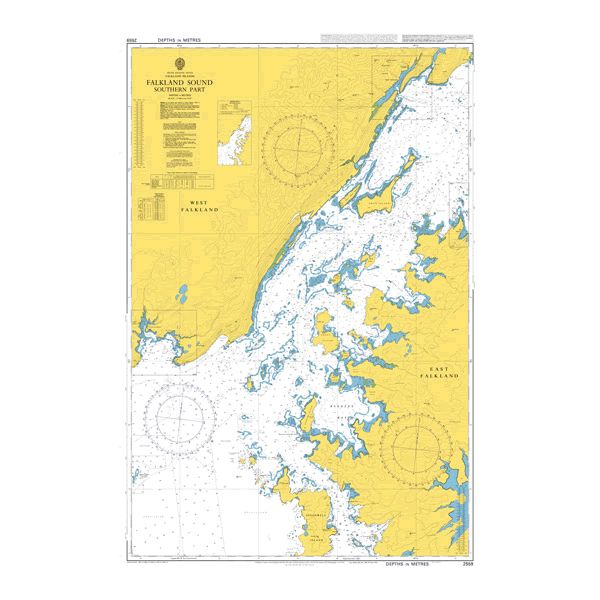 Product image of Admiralty Chart 2559 | Falkland Sound Southern Part, featuring navigational markings, depth soundings, and coastal features, essential for safe marine navigation. It could be displayed as an art piece or used for navigation on a boat or ship.