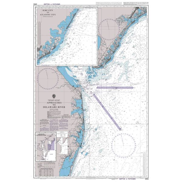 Product image of Admiralty Chart 2563 | Approaches to Delaware River, featuring navigational markings, depth soundings, and coastal features, essential for safe marine navigation. It could be displayed as an art piece or used for navigation on a boat or ship.