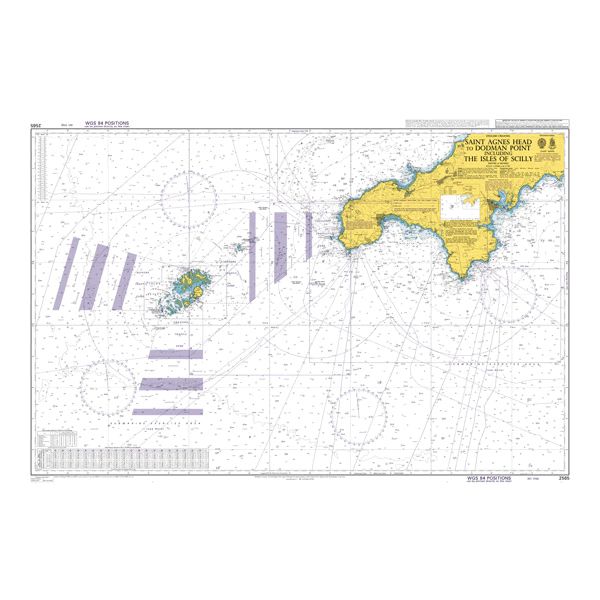 Product image of Admiralty Chart 2565 | Saint Agnes Head to Dodman Point including the Isles of Scilly, featuring navigational markings, depth soundings, and coastal features, essential for safe marine navigation. It could be displayed as an art piece or used for navigation on a boat or ship.