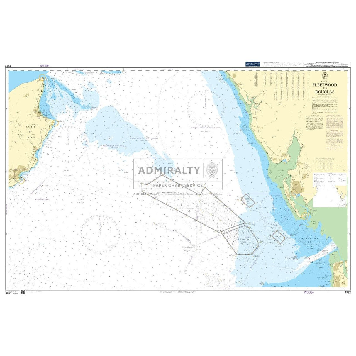 The Admiralty Chart 1320: Fleetwood to Douglas by Admiralty shows the coastlines and waters, including navigational markers, depth contours, geographic details, and navigation aids essential for SOLAS-compliant navigation.