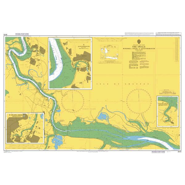 Product image of Admiralty Chart 2572 | The Swale Windmill Creek to Queenborough, featuring navigational markings, depth soundings, and coastal features, essential for safe marine navigation. It could be displayed as an art piece or used for navigation on a boat or ship.