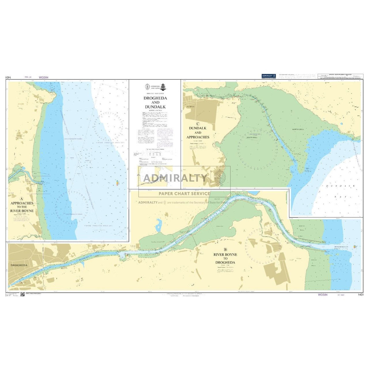 Admiralty Chart 1431: Drogheda and Dundalk by Admiralty provides detailed coverage of waterways, including the River Boyne, with depth markings and navigational aids. Insets highlight ports and vital areas for safe navigation.