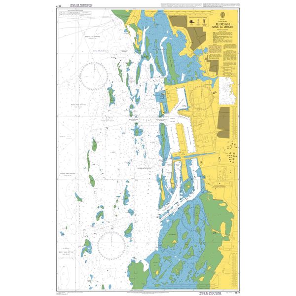 Product image of Admiralty Chart 2577 | Jeddah (Jiddah), featuring navigational markings, depth soundings, and coastal features, essential for safe marine navigation. It could be displayed as an art piece or used for navigation on a boat or ship.